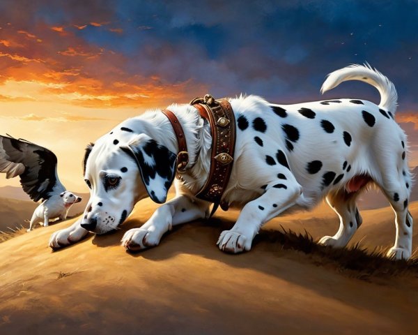 Dalmatian Puppy Playing on Grassy Hill at Sunset