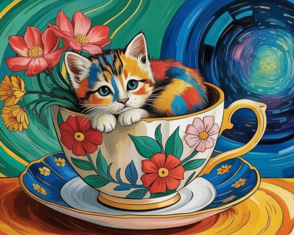 Colorful Kitten in Decorated Teacup with Flowers