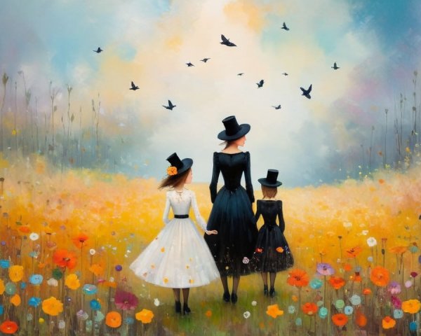 Elegant Figures in Floral Field with Dreamy Sky