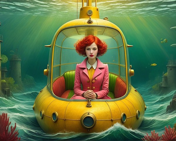 Underwater Scene with Yellow Submarine and Coral Life