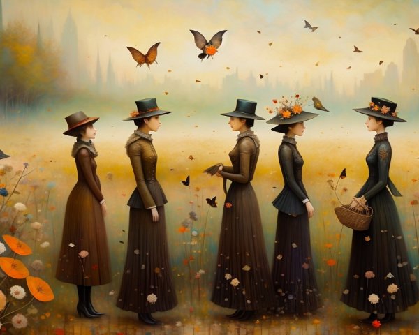 Whimsical Scene of Elegantly Dressed Women with Butterflies