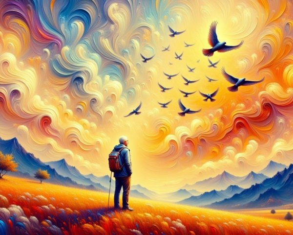 Solitary Figure in Vibrant Sunset Landscape