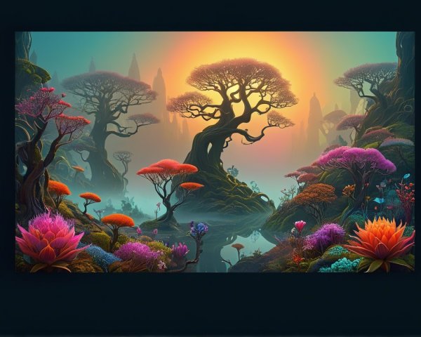 Vibrant Otherworldly Landscape with Towering Trees