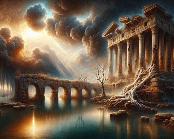 Ancient Temple Surrounded by Water and Dramatic Skies