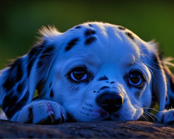 Playful puppy with black spots resting on a log