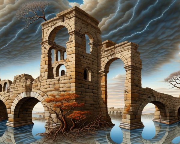 Surreal Landscape with Stone Arches and Reflective Water