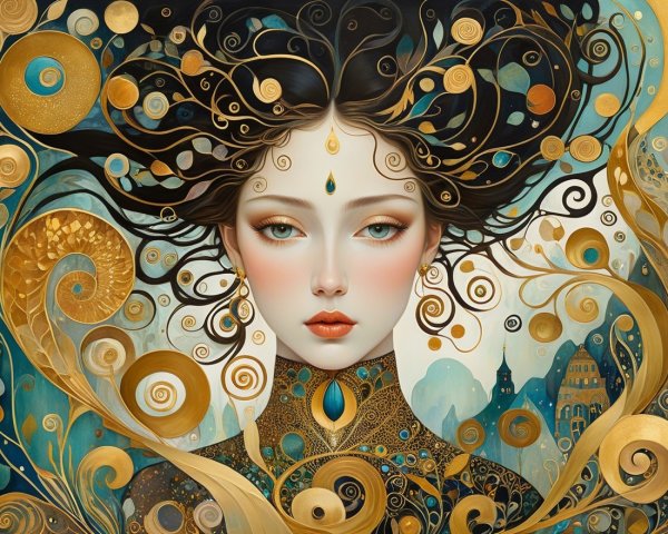 Serene Woman with Flowing Hair and Turquoise Background