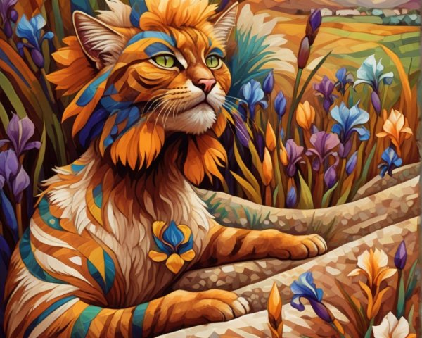 Stylized Cat in Colorful Flower Field at Sunset