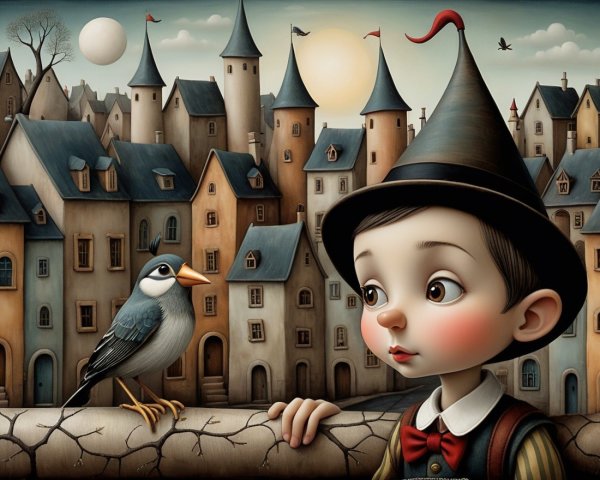 Young Boy with Black Hat and Blue Bird in Village