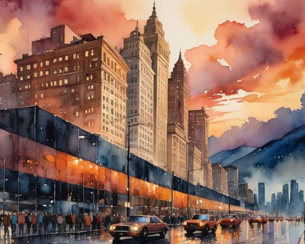 Vibrant Watercolor of a City at Sunset