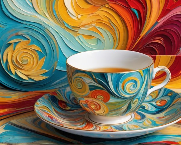 Elegant Cup and Saucer with Vibrant Swirling Patterns