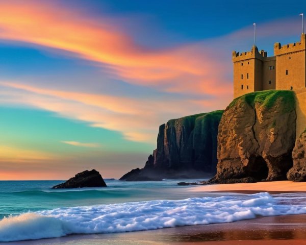 Castle on Cliff Overlooking Serene Beach at Sunset