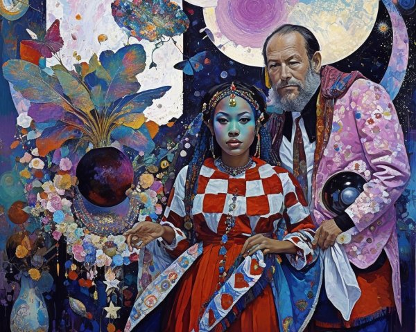 Figures in Cosmic Backdrop with Vibrant Colors