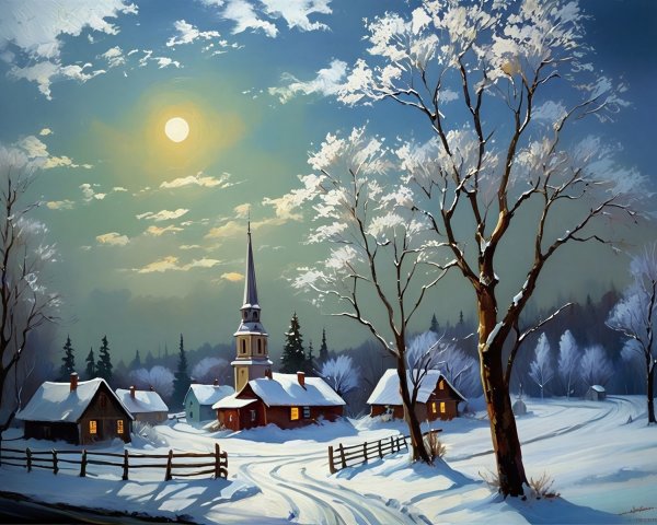 Serene Winter Landscape with Moonlit Village Scene