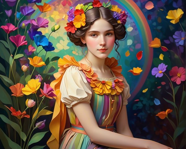 Young girl in a colorful garden with a rainbow backdrop