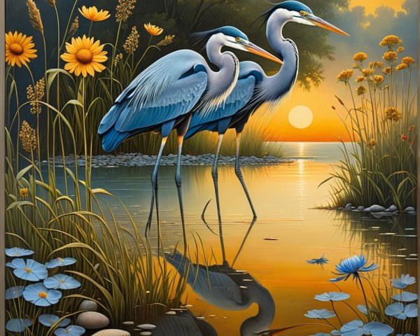 Herons in Sunrise Reflection Surrounded by Nature