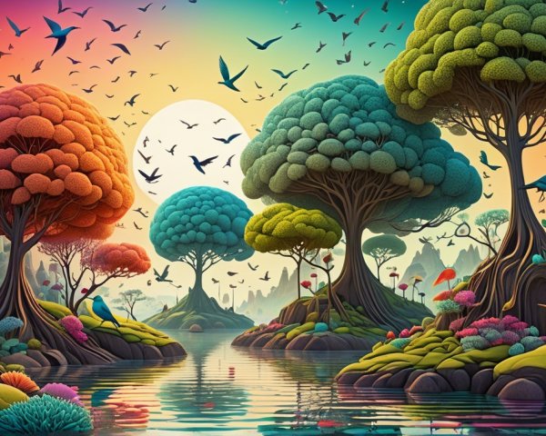 Vibrant Landscape with Colorful Trees and Water Scene