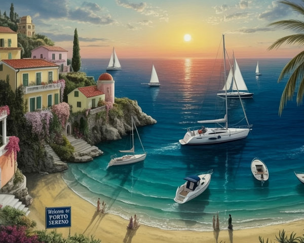 Picturesque Coastal Village at Sunset with Sailboats