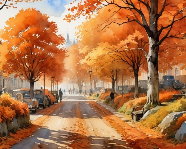 Autumn Street Scene with Vibrant Trees and Vintage Cars