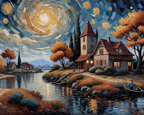 Charming House by Tranquil River in Autumn Landscape