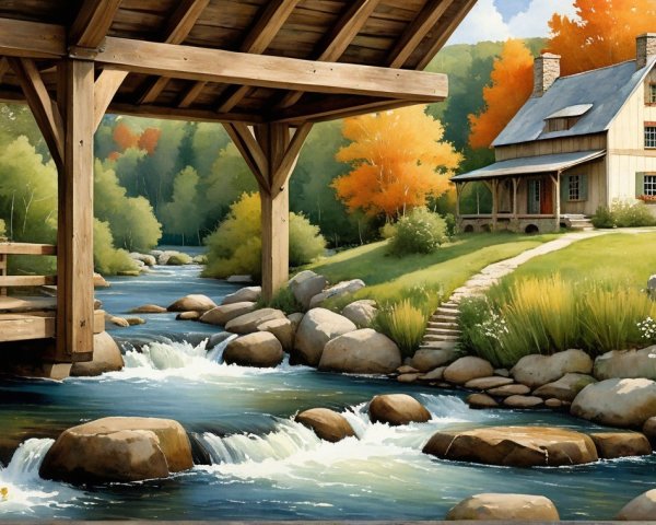 Charming Wooden House by a Flowing River Landscape