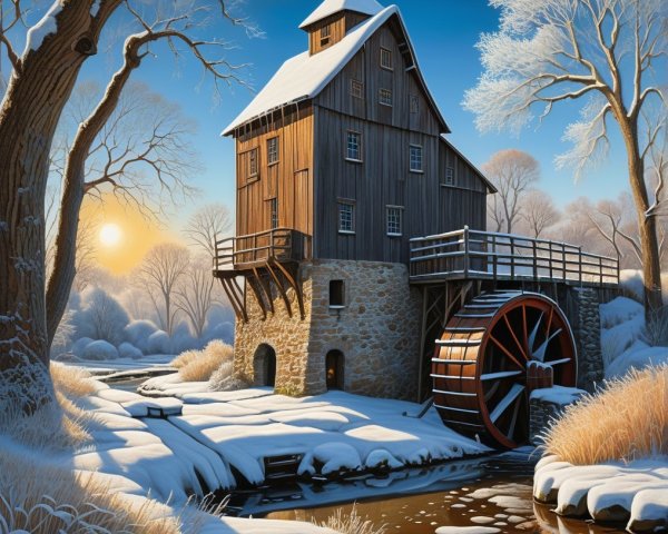 Winter Scene with Wooden Mill and Flowing Stream