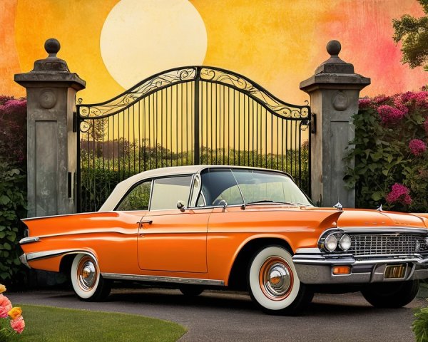 Vintage Orange Car by Ornate Gate at Sunset