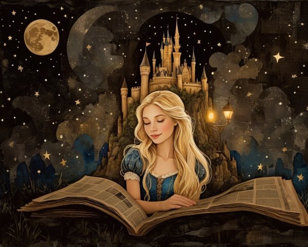 Oil Painting of Young Woman Reading in Medieval Setting