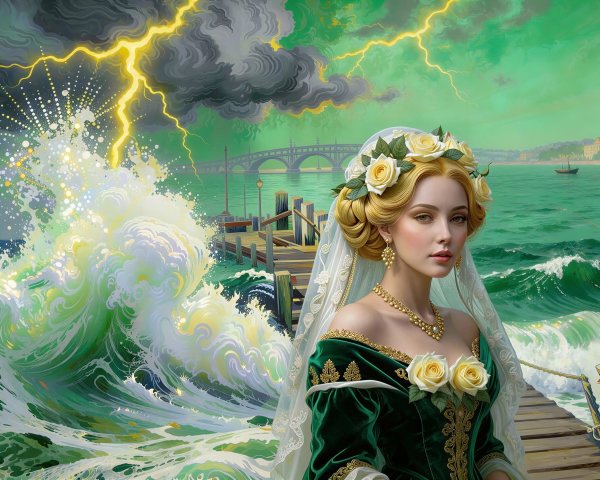 Fantasy Painting of Ornate Woman in Green Dress