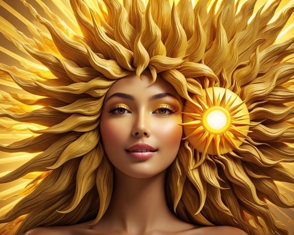 Radiant Figure with Golden Hair and Sun Emblem