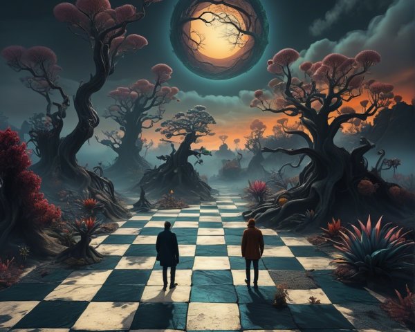 Surreal Landscape with Figures on Checkered Path