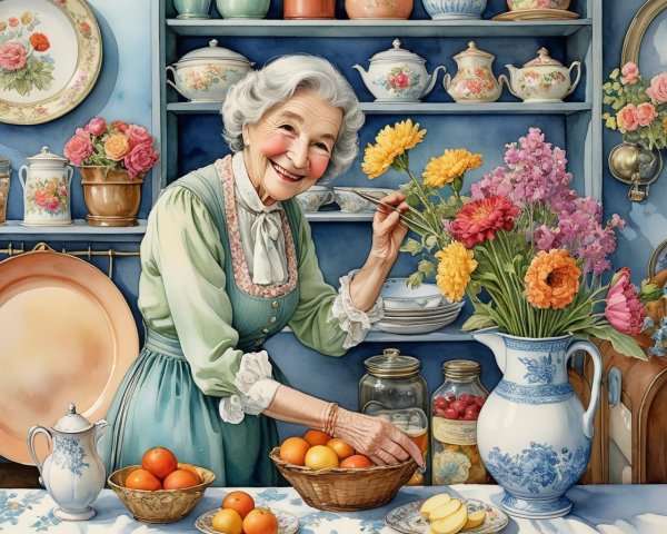 Elderly Woman Arranging Flowers in Vintage Kitchen