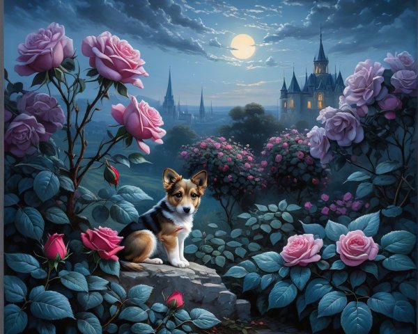 Corgi on Stone Surrounded by Roses and Castle View