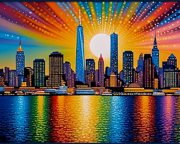 Vibrant Cityscape at Dusk with Reflective Waters