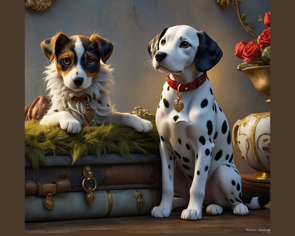 Charming Scene of Dogs with Vintage Suitcases and Roses