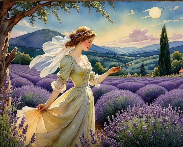 Young Woman in White Dress in Lavender Field at Sunset