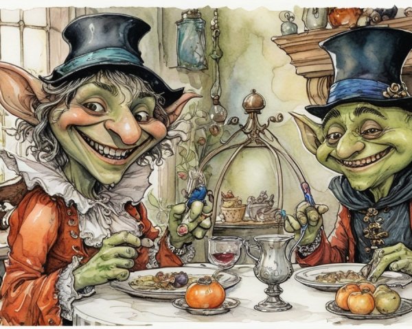 Goblins Dining at a Quaint Table with Feast and Wine