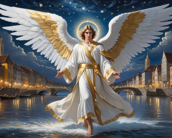 Majestic Angel with Golden Wings Over Cityscape