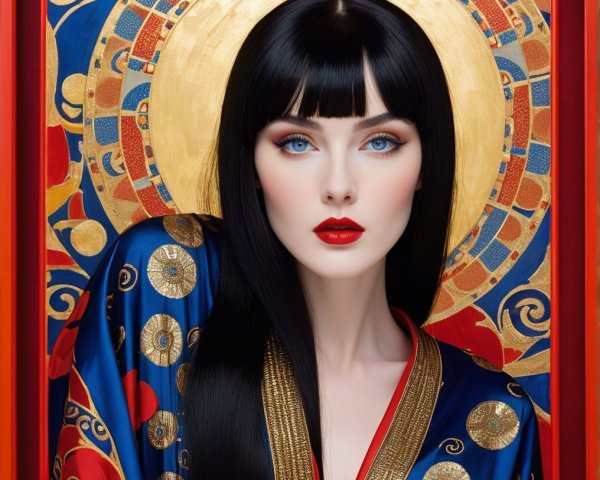 Portrait of a woman with dark hair and blue eyes