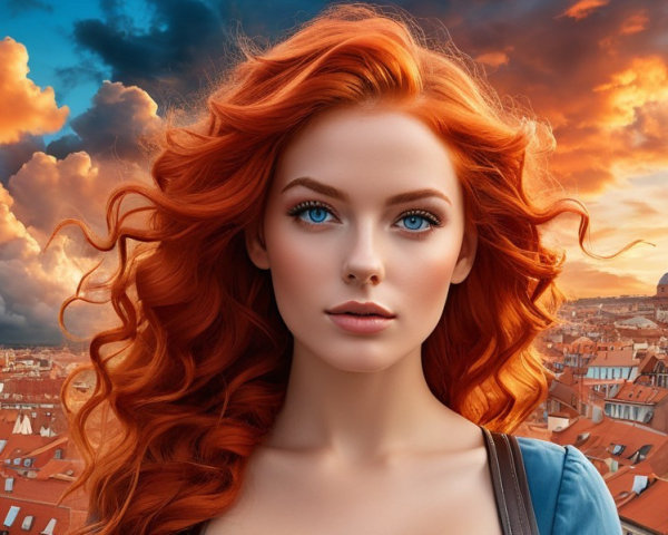 Young Woman with Red Hair in Sunset Cityscape