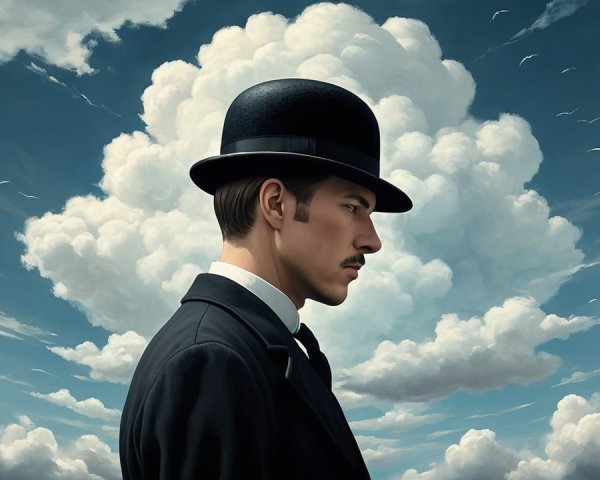 Man in Bowler Hat with Formal Suit and Cloudy Sky
