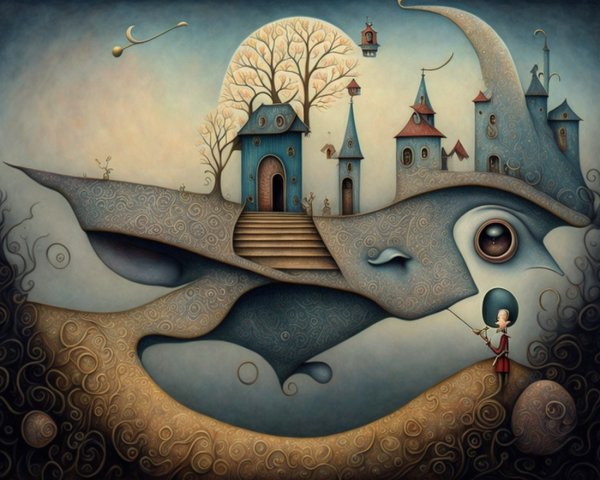 Whimsical Landscape with Surreal Architecture Elements