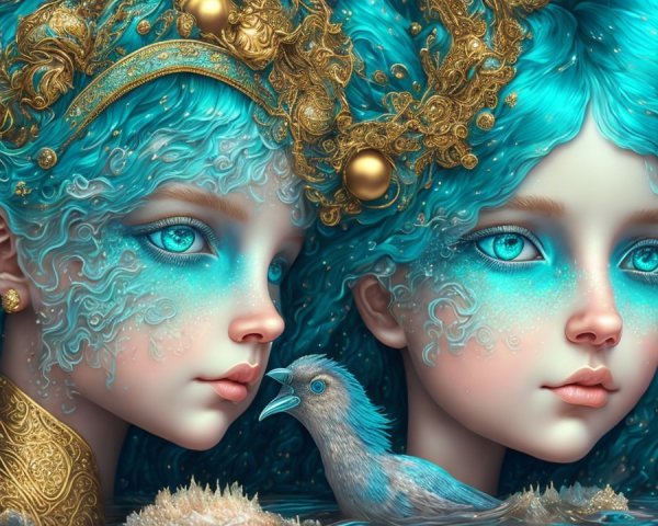 Ethereal Figures with Turquoise Hair in Underwater Scene