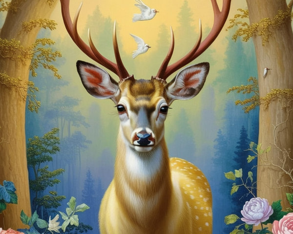 Majestic deer in vibrant forest with blooming roses
