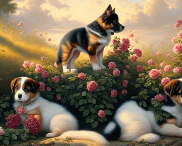 Three Puppies Among Pink Roses in Sunlit Garden