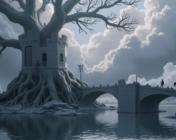 Majestic tree and castle by tranquil water scene