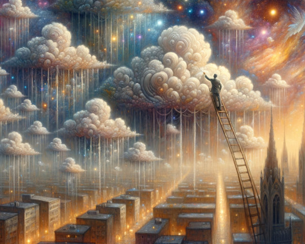 Surreal Landscape with Ladder and Colorful Sky