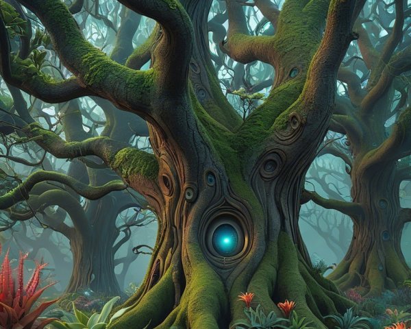 Mystical forest with ancient trees and glowing orb