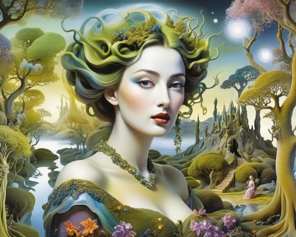 Mystical Woman with Green Hair in Surreal Landscape