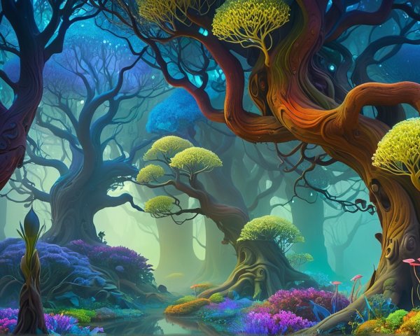 Mystical Forest with Twisting Trees and Colorful Foliage